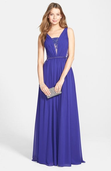 Hailey by Adrianna Papell Lace Inset Shirred Chiffon Gown in Concord