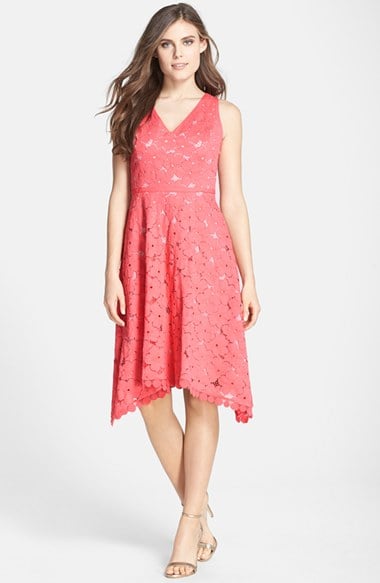 Adrianna Papell Floral Lace Handkerchief Hem Dress in Coral