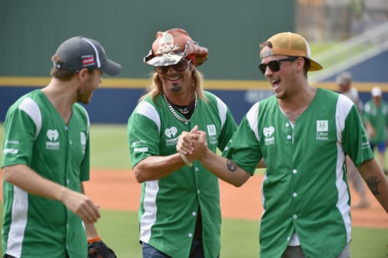 NASHVILLE, TN - JUNE 13: (L-R) Doug McCormick, Bret Michaels and Stephen Barker Liles showed their softball skills for charity at City of Hope's 25th Annual Celebrity Softball Game at the new First Tennessee Park during CMA Music Festival in Nashville. (Photo by John Shearer/Getty Images for City Of Hope) *** Local Caption *** Doug McCormick;Bret Michaels;Stephen Barker Liles