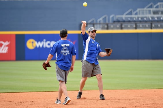 NASHVILLE, TN - JUNE 13: Aaron Watson and Charles Esten showed their softball skills for charity at City of Hope's 25th Annual Celebrity Softball Game at the new First Tennessee Park during CMA Music Festival in Nashville. (Photo by John Shearer/Getty Images for City Of Hope) *** Local Caption *** Charles Esten;Aaron Watson