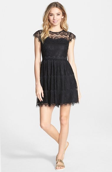 En Creme Eyelash Fringe Floral Lace Skater Dress in Black