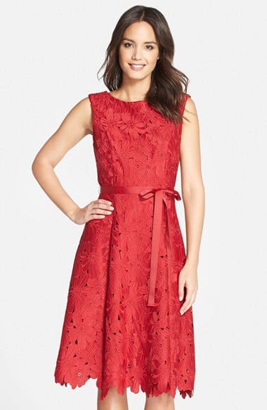 JS Collections Floral Lace Fit and Flare Dress in Red
