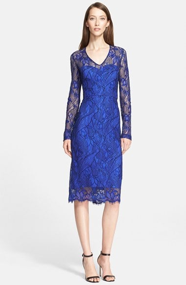 Lela Rose Long Sleeve Corded Lace Sheath Dress in Blue and Black
