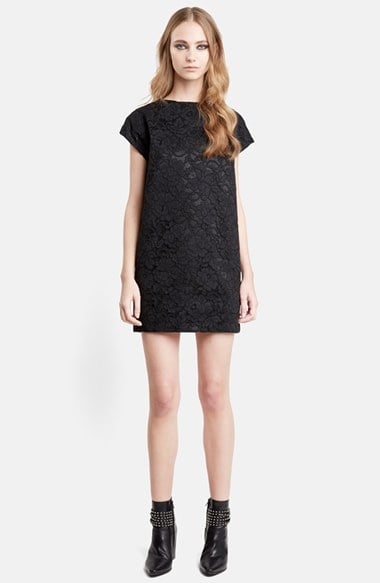 Saint Laurent Cap Sleeve Lace Shift Dress in Black