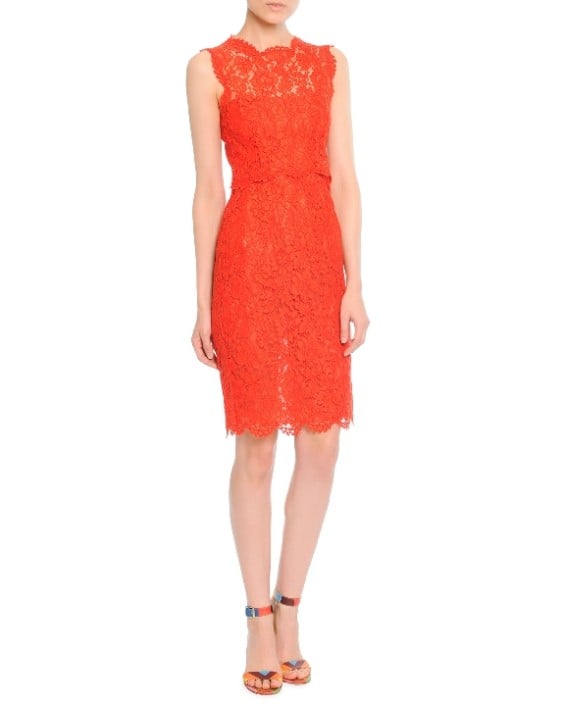 Valentino Sleeveless Floral Lace Sheath Dress in Red/Orange