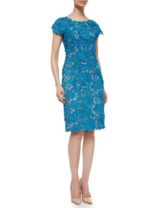 Lela Rose Floral-Lace Sheath Dress, Blue Metallic