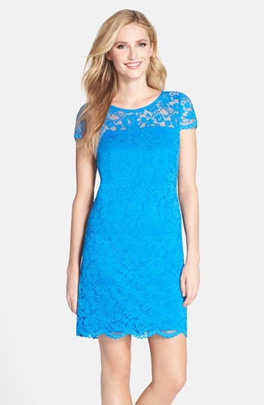 Donna Ricco Illusion Yoke Scalloped Lace Shift Dress in Bright Blue