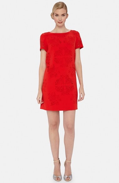 Tahari Lasercut Crepe Shift Dress in Tomato Red