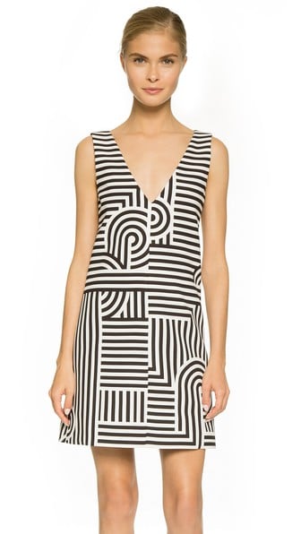 Victoria Victoria Beckham Printed Deep V Shift Dress in Black:White Geo Stripe