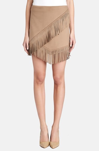 1.State Fringe Trim Faux Suede Wrap Skirt in Shadow Brown