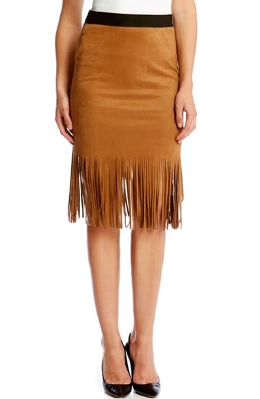 Karen Kane Faux Suede Midi Pencil Skirt with Fringe in Camel
