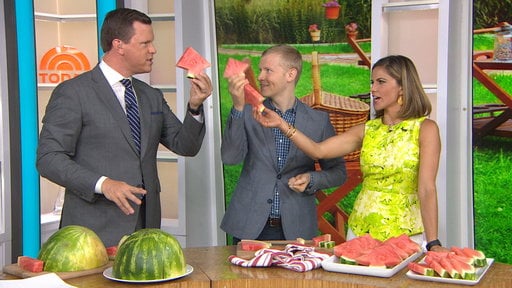 Justin Chapple, host of Mad Genius Tips on FoodandWine.com shows Natalie Morales and Willie Geist no-mess watermelon hacks for National Watermelon Day on the Monday, August 3, 2015 episode of the Today show.