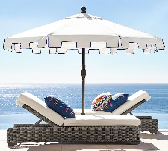 Pottery Barn 9' Round Capri Outdoor Umbrella – Sunbrella® Natural with Navy Piping warehouse clearance sale