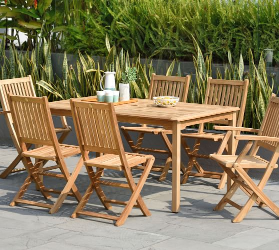 Pottery Barn Reyes 7-Piece Teak Rectangular Dining Table with Josie Dining Chair Set warehouse sale