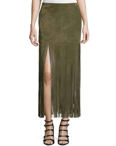 ThePerfext Mimi Maxi Skirt W/Fringe in Army Green