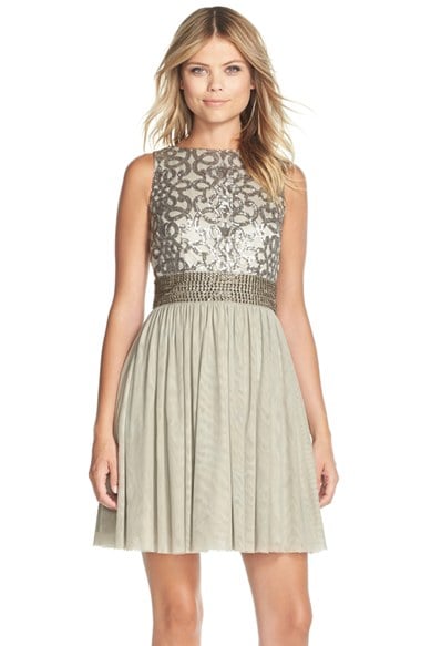 Adrianna Papell Sequin Mesh Fit & Flare Dress in Mink