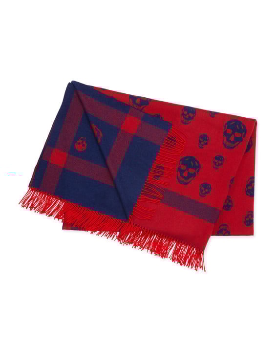 Alexander McQueen Wool Skull-Print Blanket Scarf in Blue/Red