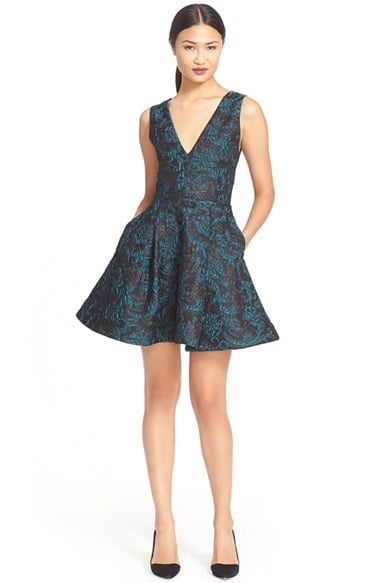 Alice + Olivia 'Malory' Pleated V-Neck Fit & Flare Dress in Teal and Black