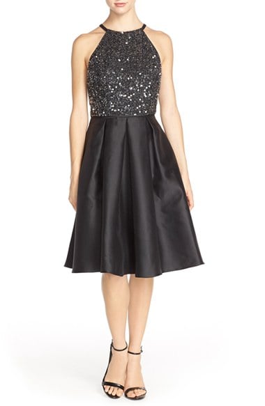 Carmen Marc Valvo Infusion Carmen Marc Valvo Sequin Mikado Fit & Flare Dress in Black