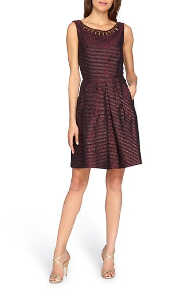Tahari Embellished Metallic Jacquard Fit & Flare Dress in Merlot