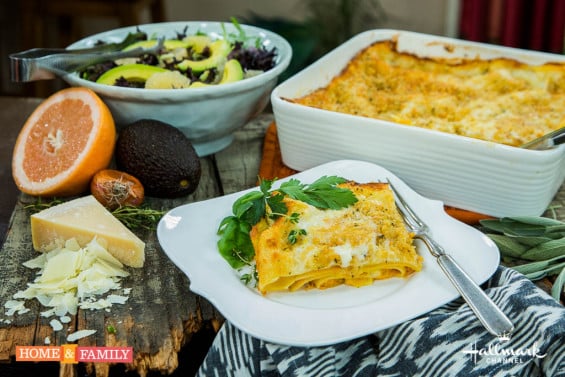 Cristina Ferrare shows us how to make a delicious butternut squash lasagna on Hallmark's Home and Family Show! Credit: Copyright 2015 Crown Media United States, LLC/Photographer: Jeremy Lee/Alexx Henry Studios, LLC Mark Steines and Cristina Ferrare welcome actress Lorraine Toussaint from Fox’s “Rosewood.” Actor Ryan McPartlin talks about his movie, “You Cast a Spell on Me.” Debbie Matenopoulos and “Insider” co-host Louis Aguirre review the biggest movies of the fall for your family. Chef Brian Malarky is in our kitchen making croque madam. Nail expert Katie Cazorla shows you spooky nail art for Halloween. Are your child’s grades suffering? Do they also snore? Dr. JJ Levenstein has important information you do not want to miss. Cristina cooks a delicious butternut squash lasagna and grapefruit salad. Lawrence Zarian and Laura Nativo blend fashion and function for people and their dogs. Paige Hemmis makes DIY pumpkin fence pillars for Halloween. Credit: Copyright 2015 Crown Media United States, LLC/Photographer: jeremy lee/Alexx Henry Studios, LLC