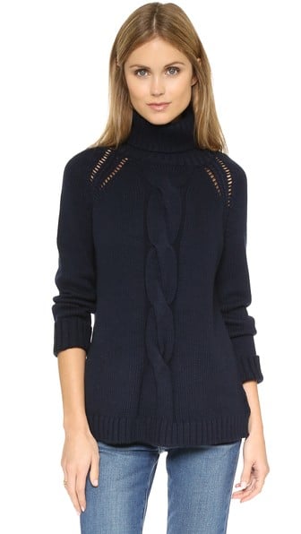 525 America Hand Knit Cable Turtleneck Sweater in Classic Navy Blue