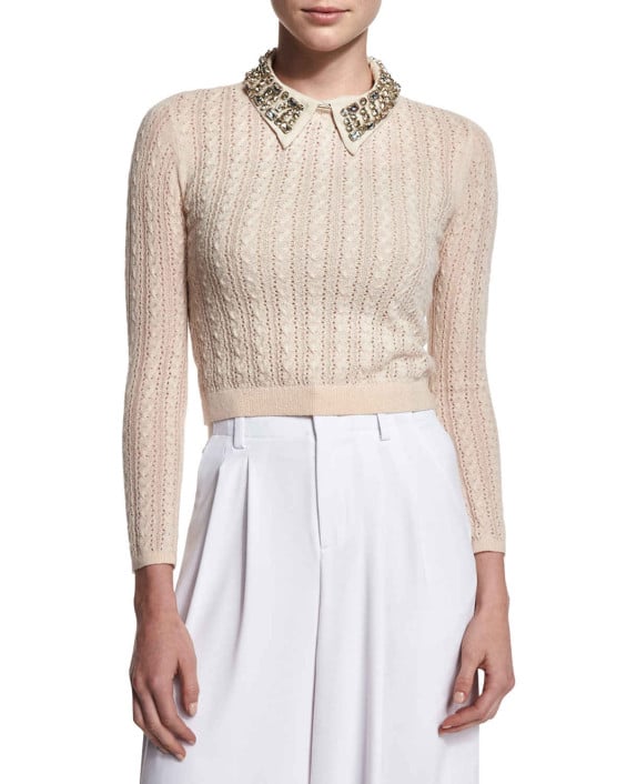 Alice + Olivia Tamsin Cropped Cable-Knit Sweater in Tan