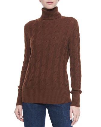 Loro Piana Cashmere Cable Knit Turtleneck in Carob Brown