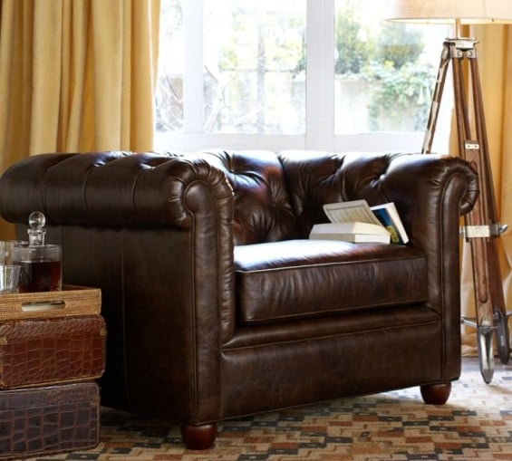 Pottery Barn CHESTERFIELD LEATHER ARMCHAIR (Small Armchair or Armchair) in Leather, Cocoa or Leather, Ebony