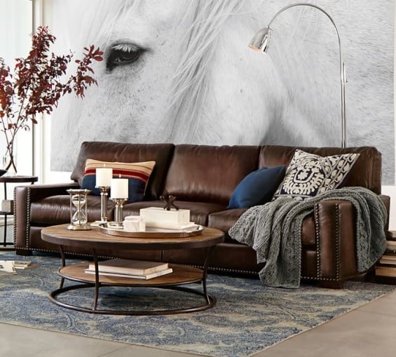 Pottery Barn TURNER LEATHER SQUARE ARM SLEEPER SOFA WITH NAILHEADS in Leather, Crackled Walnut and Leather, Saddle