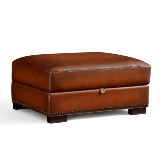 Pottery Barn TURNER LEATHER STORAGE OTTOMAN WITH NAILHEADS in Saddle Leather or Crackled Walnut Leather