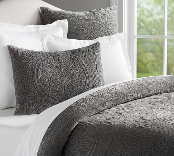 Pottery Barn VELVET MEDALLION COVERLET QUILT & SHAM in Flagstone Gray, Ivory or Midnight Blue