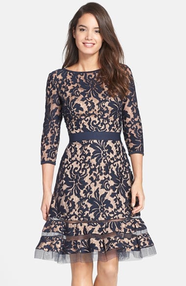 Tadashi Shoji Lace Overlay Dress in Navy and Nude or Black and Nude