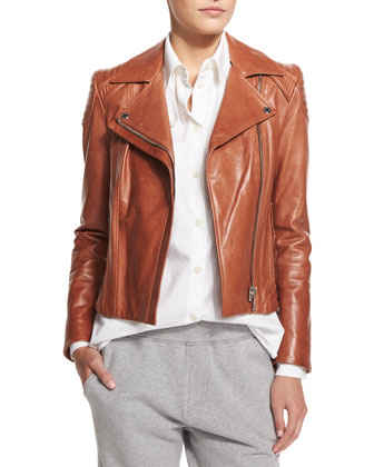 Belstaff Quilted-Shoulder Leather Moto Jacket, Brick. Neiman Marcus