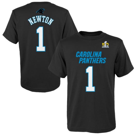 CAM NEWTON CAROLINA PANTHERS YOUTH BLACK SUPER BOWL 50 BOUND MAINLINER NAME & NUMBER T-SHIRT