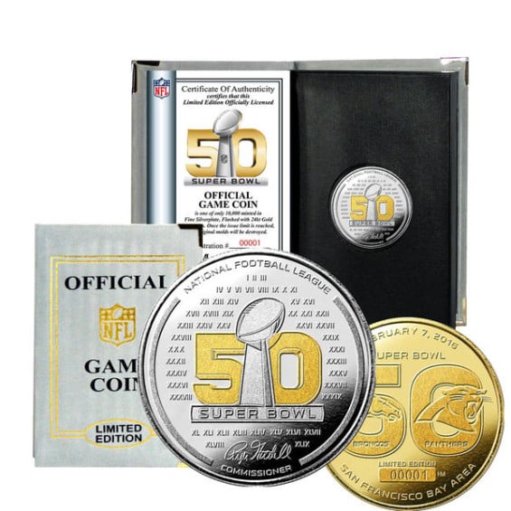 HIGHLAND MINT CAROLINA PANTHERS VS. DENVER BRONCOS SUPER BOWL 50 DUELING TWO-TONE FLIP COIN