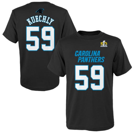 LUKE KUECHLY CAROLINA PANTHERS YOUTH BLACK SUPER BOWL 50 BOUND MAINLINER NAME & NUMBER T-SHIRT