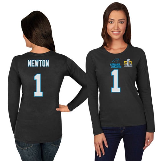 MAJESTIC CAM NEWTON CAROLINA PANTHERS WOMEN'S BLACK SUPER BOWL 50 BOUND FAIR CATCH NAME & NUMBER LONG SLEEVE T-SHIRT