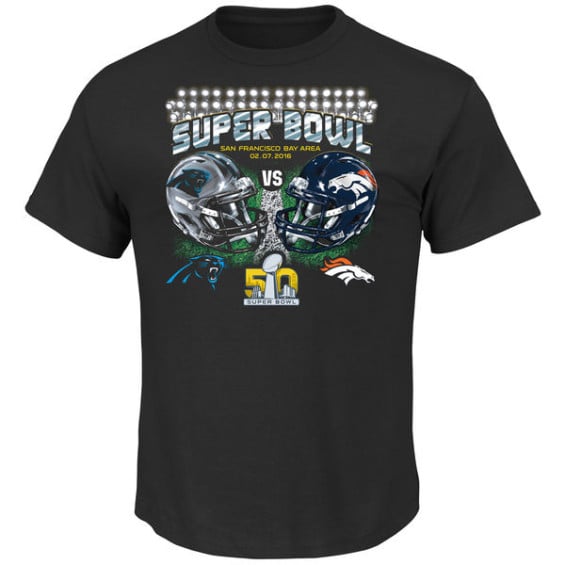 MAJESTIC CAROLINA PANTHERS VS. DENVER BRONCOS BLACK SUPER BOWL 50 DUELING TROPHY WITH LOGOS T-SHIRT