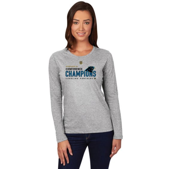 MAJESTIC CAROLINA PANTHERS WOMEN'S STEEL 2015 NFC CONFERENCE CHAMPIONS TROPHY COLLECTION LOCKER ROOM LONG SLEEVE T-SHIRT