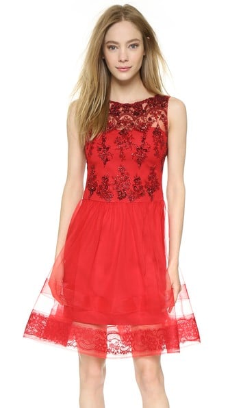 Marchesa Notte Sleeveless Lace Cocktail Dress in Bright Red