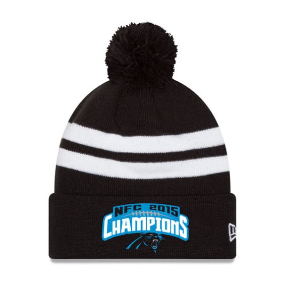 NEW ERA CAROLINA PANTHERS BLACK 2015 NFC CONFERENCE CHAMPIONS TOP STRIPE CUFFED KNIT HAT