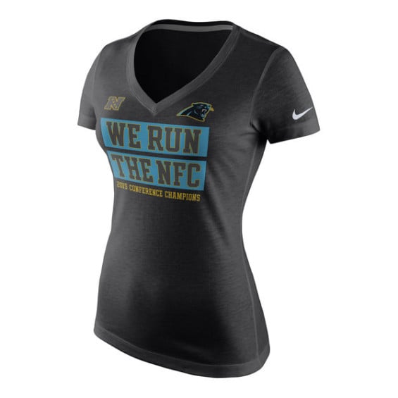 NIKE CAROLINA PANTHERS WOMEN'S BLACK 2015 NFC CONFERENCE CHAMPIONS WE RUN TRI-BLEND V-NECK T-SHIRT