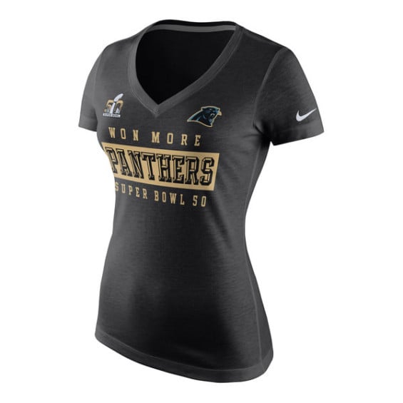 NIKE CAROLINA PANTHERS WOMEN'S BLACK SUPER BOWL 50 BOUND WON MORE V-NECK T-SHIRT