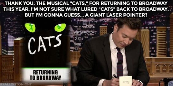 Video: Watch Jimmy Fallon pen thank you notes on the Friday, January 22, 2016 episode of "The Tonight Show Starring Jimmy Fallon" to the broadway musical Cats, Bernie Sanders, Simon & Garfunkel, Jeb Bush, Donald Trump, Dolly Parton and so many more! Image courtesy of Twitter.com/FallonTonight