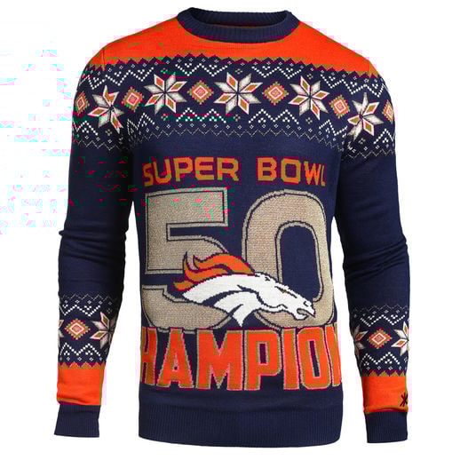 KLEW DENVER BRONCOS NAVY SUPER BOWL 50 CHAMPIONS CREW NECK KNIT SWEATER