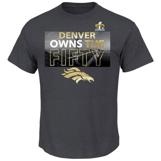 MAJESTIC DENVER BRONCOS CHARCOAL SUPER BOWL 50 CHAMPIONS GOLD REFLEX OWNS THE FIFTY T-SHIRT
