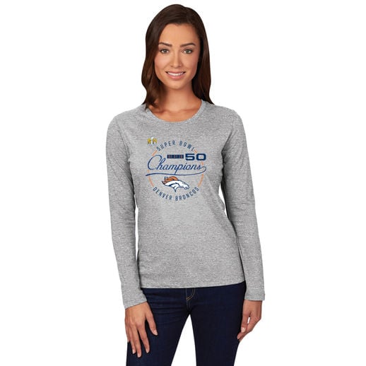 MAJESTIC DENVER BRONCOS WOMEN'S HEATHER GREY SUPER BOWL 50 CHAMPIONS 4TH DOWN II LONG SLEEVE T-SHIRT