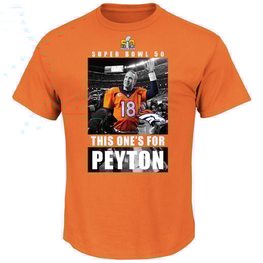 MAJESTIC PEYTON MANNING DENVER BRONCOS ORANGE SUPER BOWL 50 CHAMPIONS THIS ONE'S FOR PEYTON NAME & NUMBER T-SHIRT