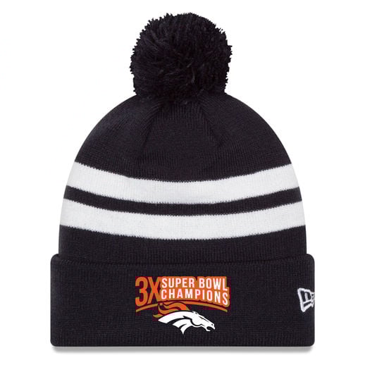 NEW ERA DENVER BRONCOS NAVY SUPER BOWL 50 CHAMPIONS 3-TIME CHAMPS TOP STRIPE CUFFED KNIT HAT